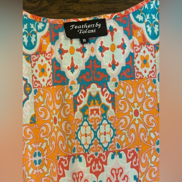 Feathers by Tolani Kimono Open Front Bohemian Duster Orange Teal Coverup Size M - Picture 5 of 6